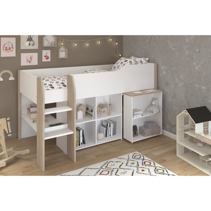 Cama infantil combinada con escritorio retráctil - PARISOT - LIAM - Blanco y roble - Base de láminas incluida - 90x200 cm