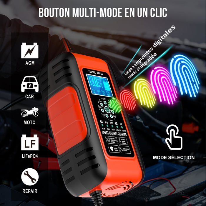 Caricabatterie - AIMOONSA - 10A - 12V/24V - Schermo LCD - Carica di mantenimento