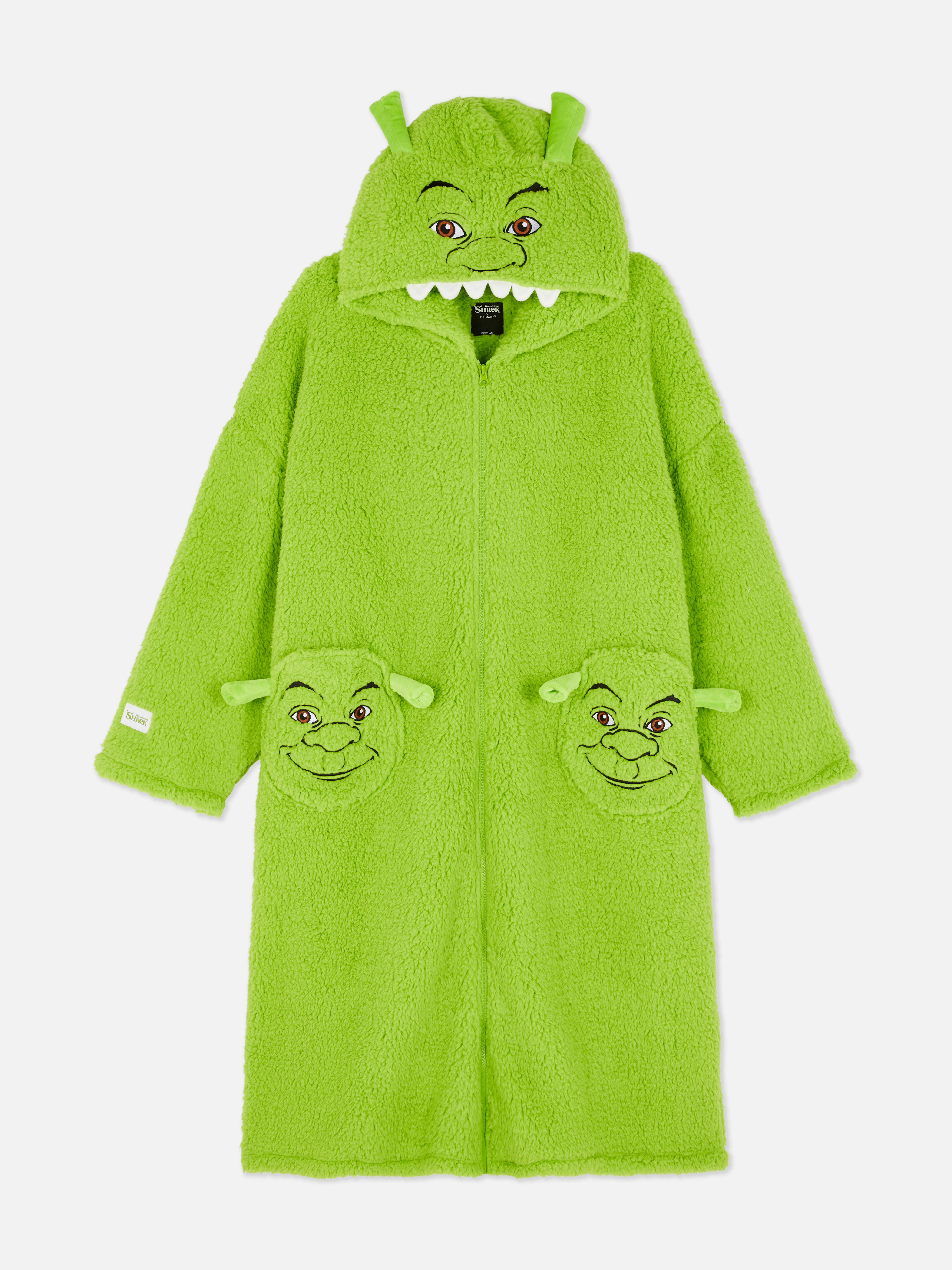 Hosszú női Shrek mintás snuddie. Hosszú Shrek snuddie tágas kapucnival, elülső cipzárral és foltzsebekkel.