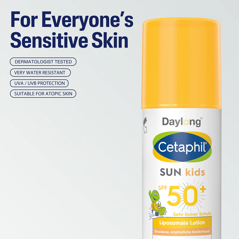 Loção Lipossomal Cetaphil SUN Kids para uso diário, com proteção solar FPS 50+.