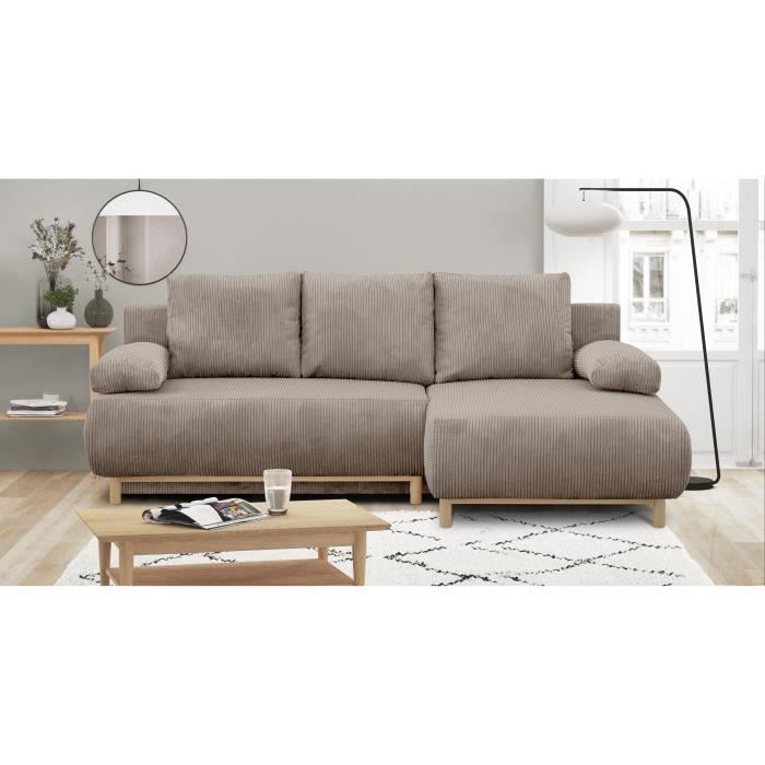 Canapé d'angle droit convertible - 3 places - MIKA - Tissu velours côtelé taupe - Coffre de rangement - 192 x 84 x 93 cm