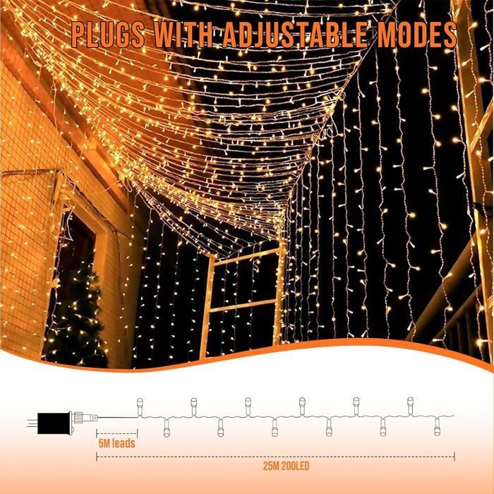 Guirlande Lumineuse Intérieur Extérieur Led 25M-200 Led Avec Télécommande Et Minuterie,8 Modes D'Éclairage Étanche Ip44,Blanc Chaud