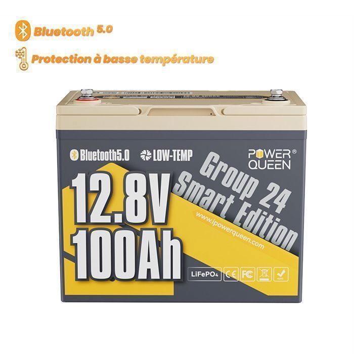 Power Queen 12V 100Ah LiFePO4 lithiumbatterij met Bluetooth, 100A BMS - 1280Wh - Groep 24 formaat - voor campers, off-grid gebruik