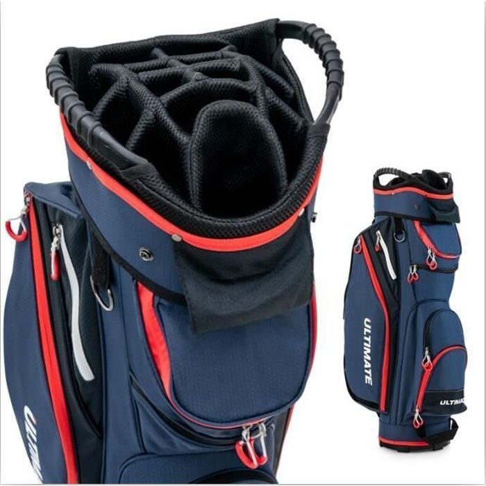 Bolsa para carrito de golf GYMAX con 14 compartimentos y 8 bolsillos, bolsa de golf con funda para la lluvia y correa para el hombro, azul y rojo.