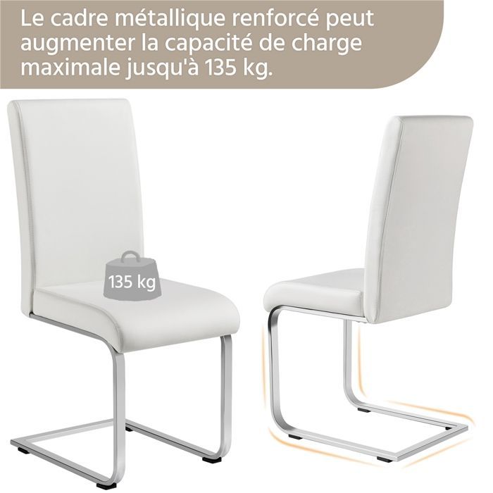 Lot de 6 Chaises de Salle à Manger en Similicuir Polyuréthane avec Pieds Métalliques en U et Haut Dossier, Blanc YAHEETECH