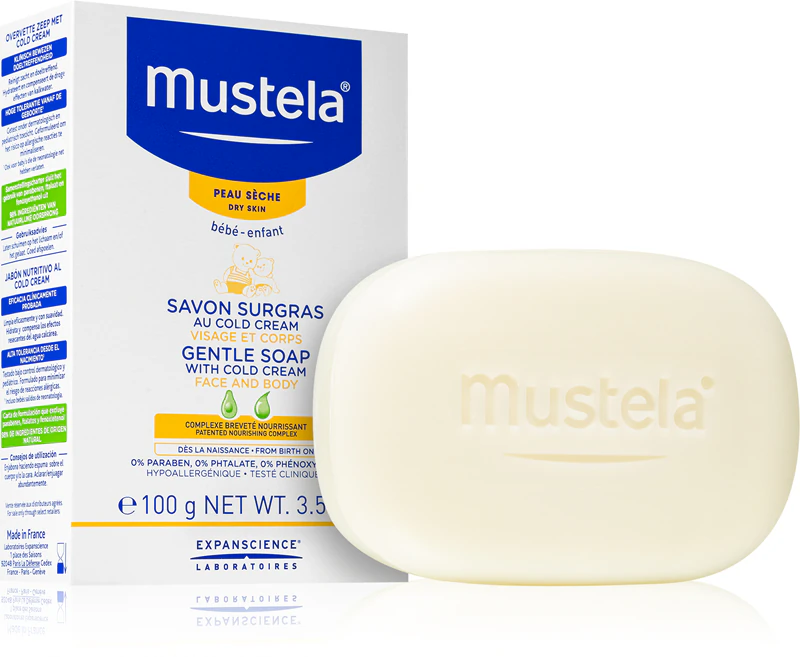 Sabonete suave Mustela Bébé para bebês desde o nascimento.