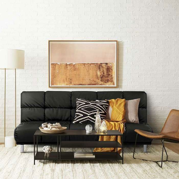 Sofá cama clic-clac para dormir ocasionalmente, tamaño 120 x 191 cm, en acabado PU negro y patas cromadas - MELLOW