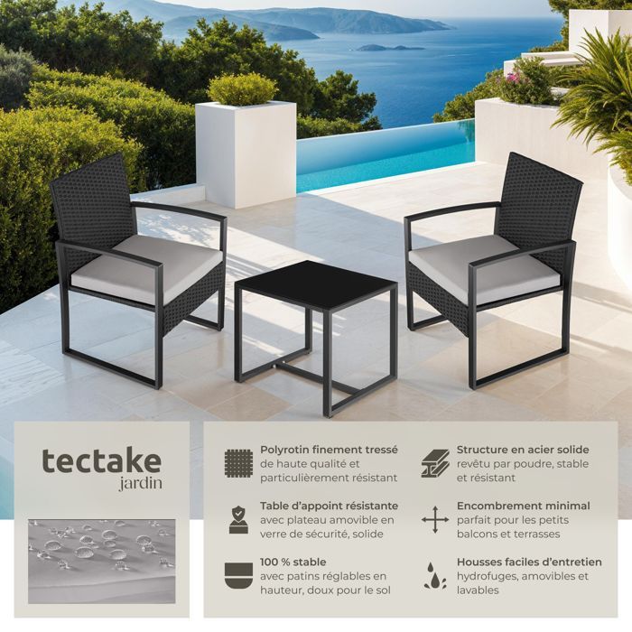 Salon de jardin - TECTAKE - Ensemble détente d'extérieur GRANADA 2 places robuste en rotin et table avec plateau en verre - Noir