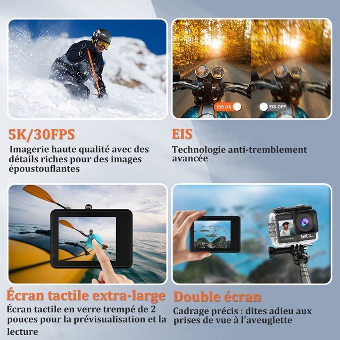 Caméra Sport 5K 30FPS,170°Grand-Angle,EIS,30M Étanche Kamera,2.4G WiFi avec télécommande,Noir