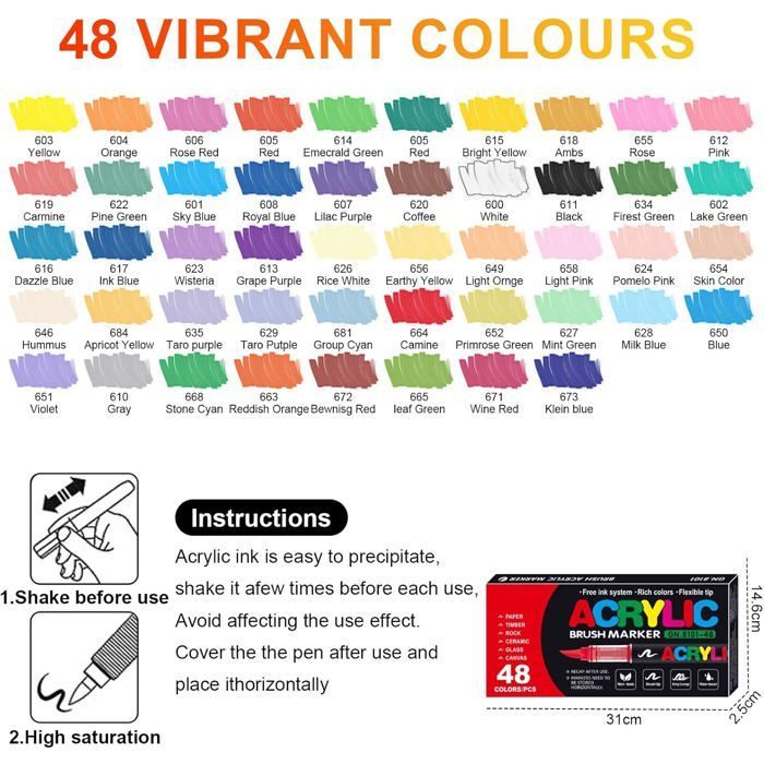 Rotuladores acrílicos - Rotuladores para colorear para adultos - 48 colores - Rotuladores de pintura acrílica para colorear, caligrafía, vidrio, madera y cerámica.