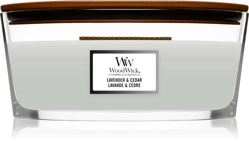 Vela perfumada Woodwick de lavanda e cedro com pavio de madeira (Heartwick)