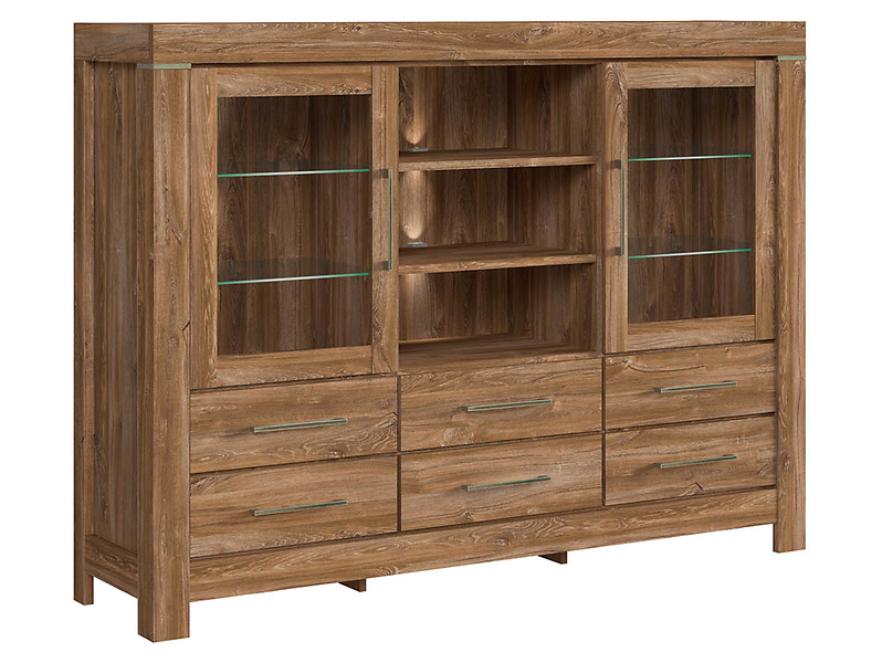 Komoda Gent 166 cm witryna z 2 drzwiami 6 szufladami i 3 półkami dąb stirling