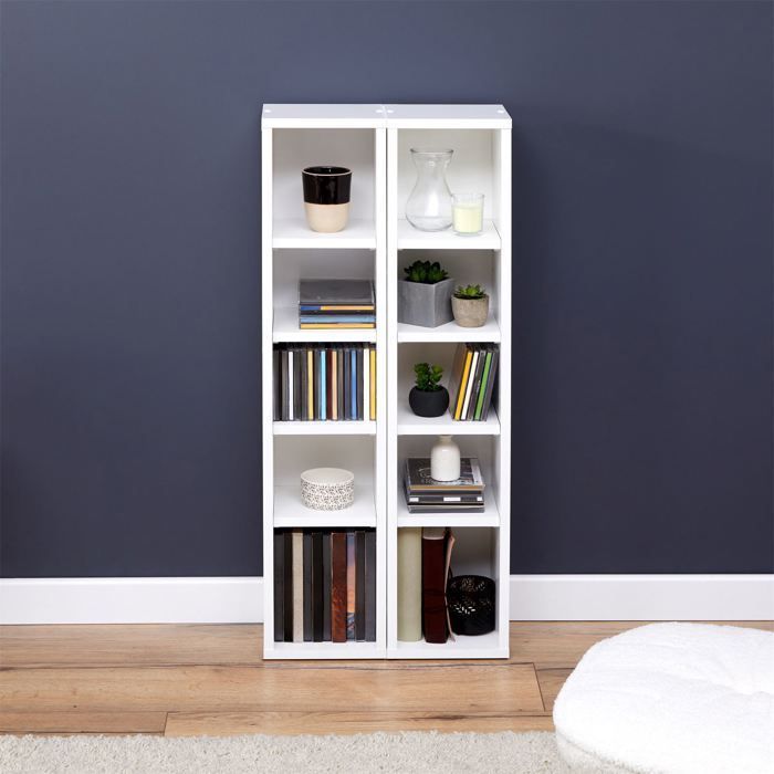 MUSIC modular shelving for CDs and DVDs, set of 2 column storage units with 10 compartments, in matte white melamine