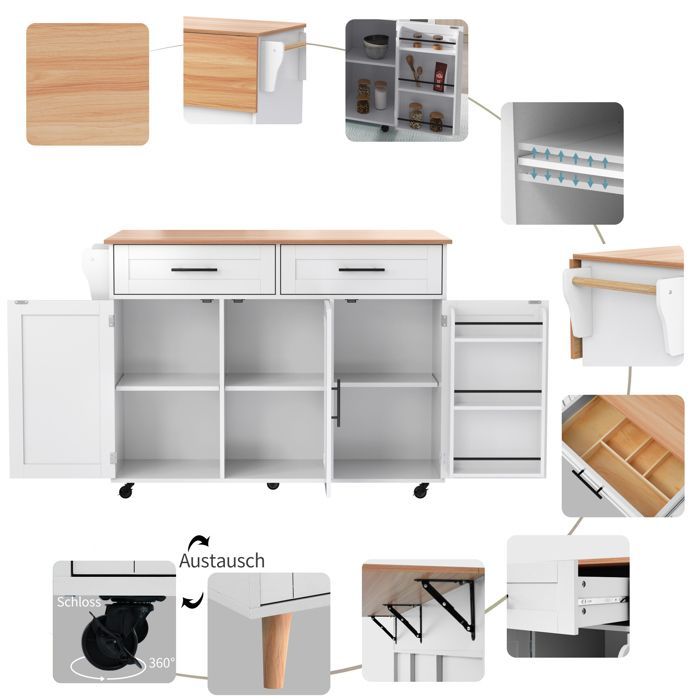 Îlot de cuisine à roulettes, avec plan de travail pliable en bois, trois portes et deux tiroirs, chariot de service/buffet, blanc