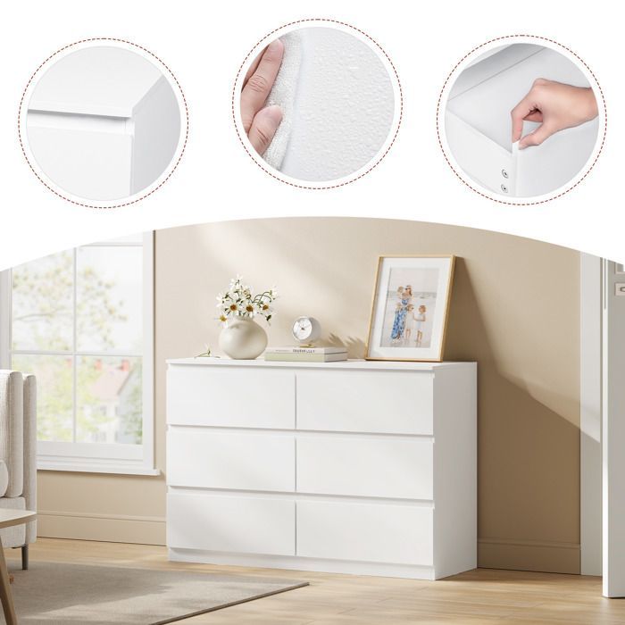 Commode 6 Tiroirs - 100x36x69cm - WOLTU Meuble de Rangement Moderne Blanc - Assemblage Facile