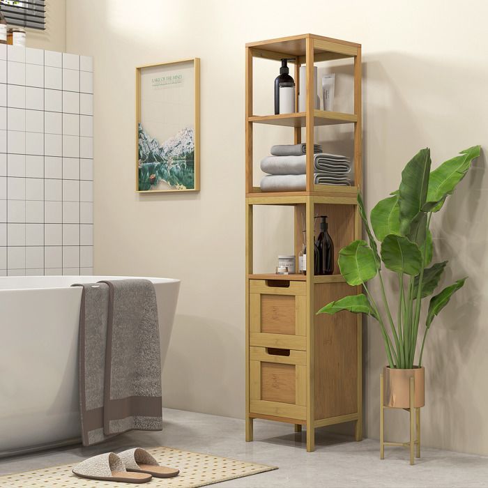 Meuble colonne - kleankin - rangement salle de bain style cosy 3 étagères 2 tiroirs - bambou - 30x30x144cm - naturel