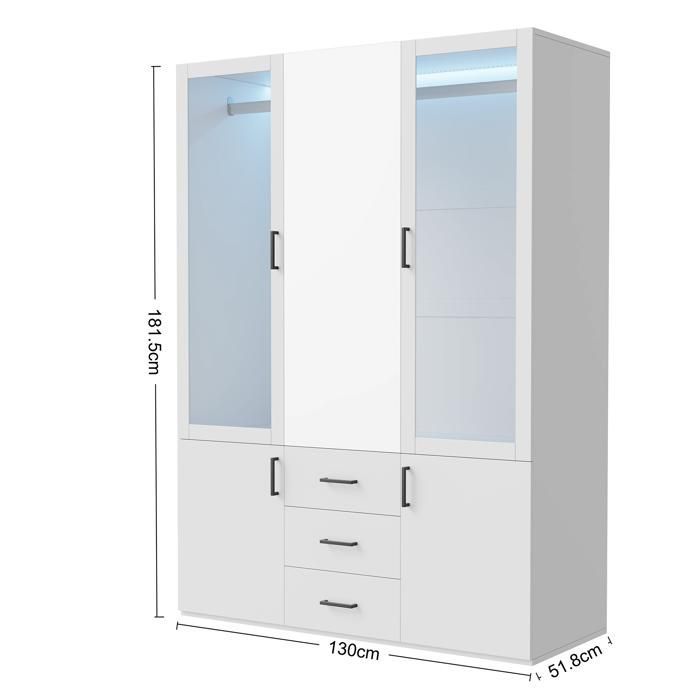 Guarda-roupa de 4 portas com iluminação LED e espelho, armário para quarto com portas de vidro, guarda-roupa com cabideiro e 3 gavetas, branco.