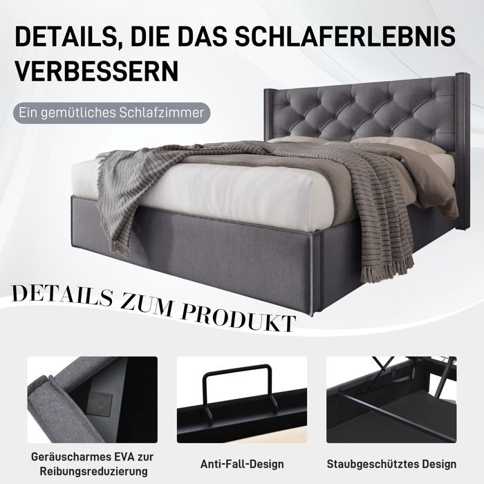 Cama doble hidráulica LINKHOO, tapizada, 160x200cm, estructura moderna con espacio de almacenamiento, algodón, gris.