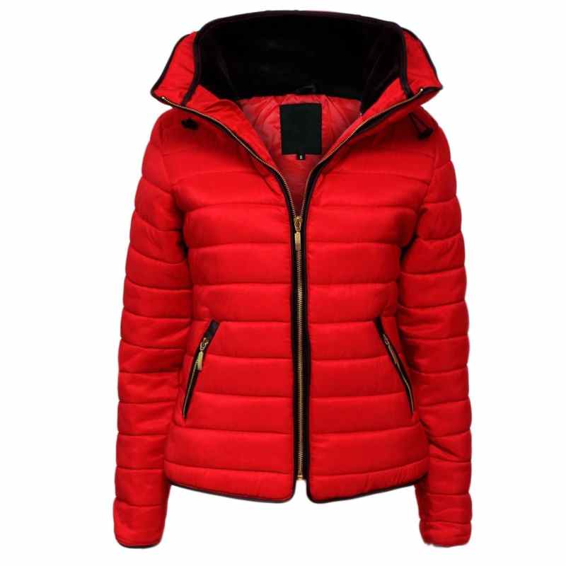 Dame 2021 Langermet Dunjakke Dame Slank Hettejakke Ensfarget Glidelås Høst Varm Bomull Parkas Manteau Femme