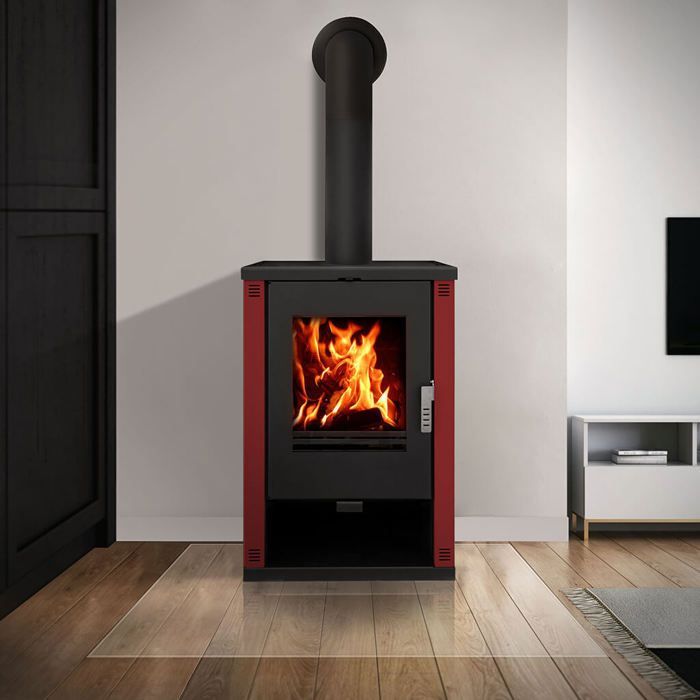 Poêle à bois Verso Theia - 9 kW | Panneaux latéraux bordeaux et design contemporain