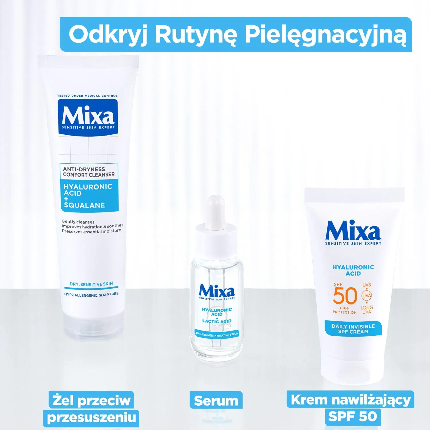 Mixa Nawilżający Krem do twarzy SPF50 z kwasem hialuronowym przeciw przesuszeniom