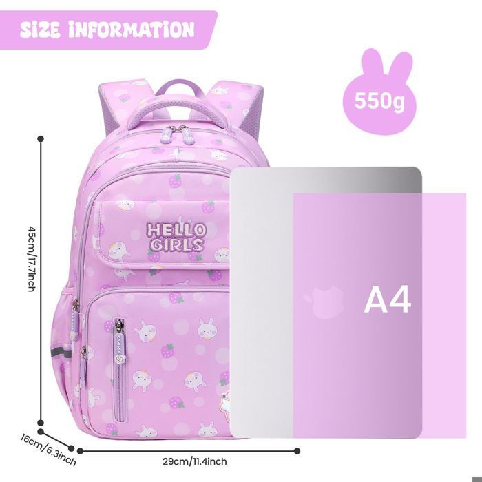 Children's School Backpack for Ages 8-12, Waterproof and Ergonomic Primary School Bag for Girls and Boys, Travel School Bag for Grades 3-5, Purple