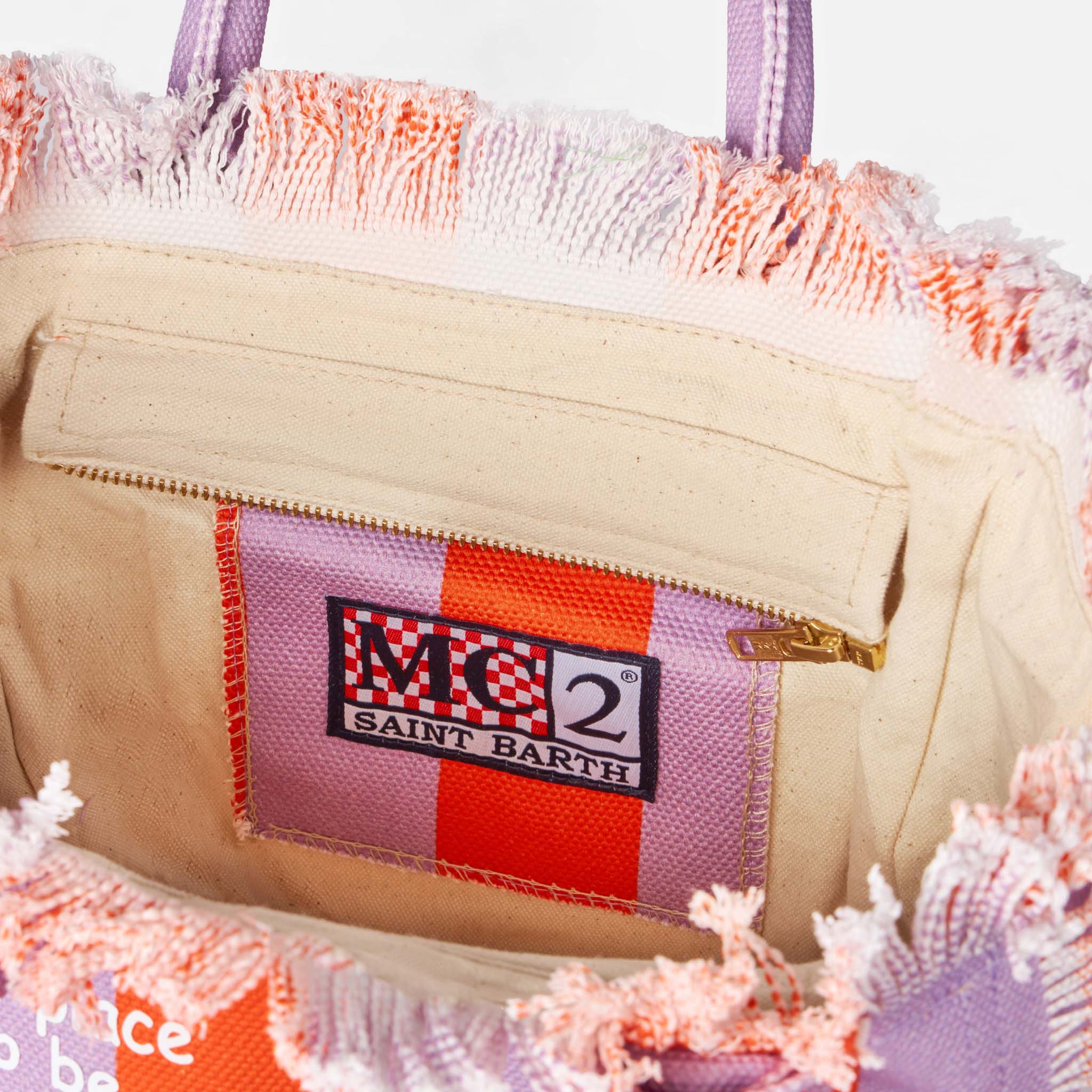 Bolsa Colette em lona de algodão | Listras lilás e vermelhas, logotipo Saint Barth, bolso interno com zíper | 100% algodão | MC2 Saint Barth