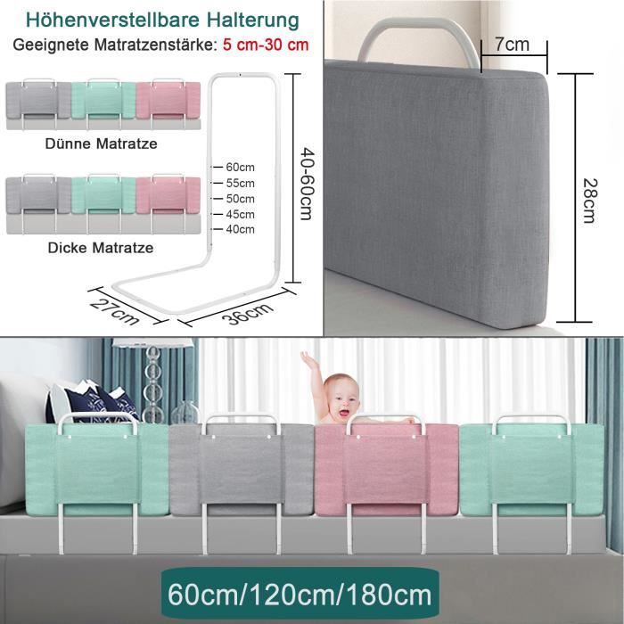 HENGMEI Barrière de lit réglable en Hauteur 60 cm Protection latérale réglable pour lit d'enfant, lit de Parent, Gris Lin