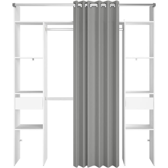 Dressing double ARTIC - L176 x P48 x H202 cm - Blanc + rideau gris - Made in France