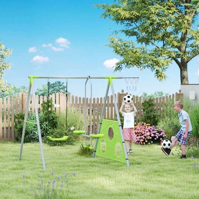 Portique balancoire enfant 4 en 1 - AIYAPLAY - sièges et face à face, panier de basket-ball et but de football, charge 135 kg - vert