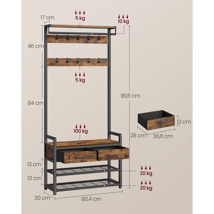 Entryway Cabinet with 10 Removable Hooks, 2 Drawers, Separable Design, 30 x 80.4 x 181.6 cm, Rustic Brown and Ink Black