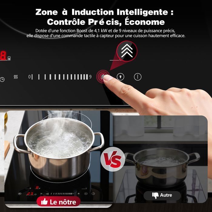 Plaque mixte gaz et induction,L 59 cm, Gaz 3400 W avec brûleur wok, Induction 2500 W, Verre noir encastrable,gaz naturel/GPL