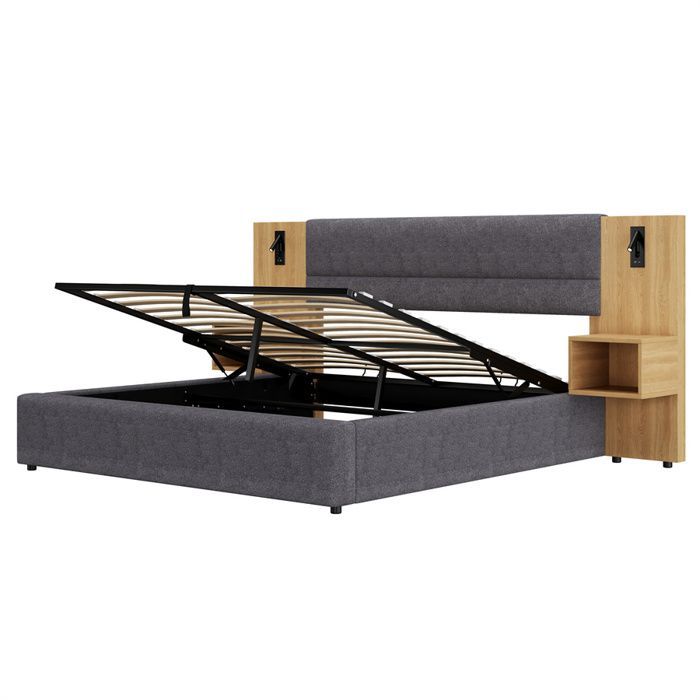 Cama de 180x200 con somier de láminas y mesita de noche, cama doble con espacio de almacenamiento, cabecero ancho y puerto USB, lámpara de lectura, terciopelo gris y madera.