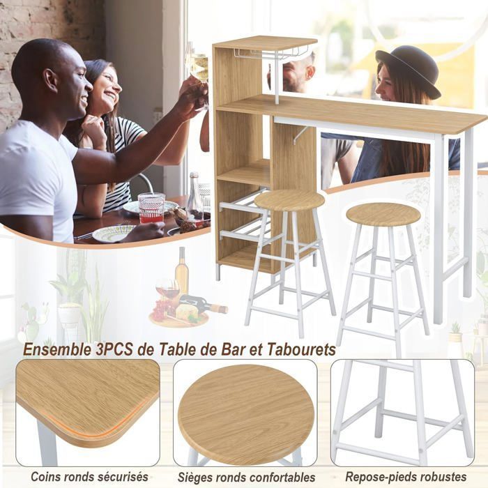 GOPLUS Set Table à manger&2 Chaise, Ensemble 3 Pièce,120 x 40 x 35cm, Etagère à Vin à 2 Niveaux&Etagère de Stockage Ouverte,Naturel