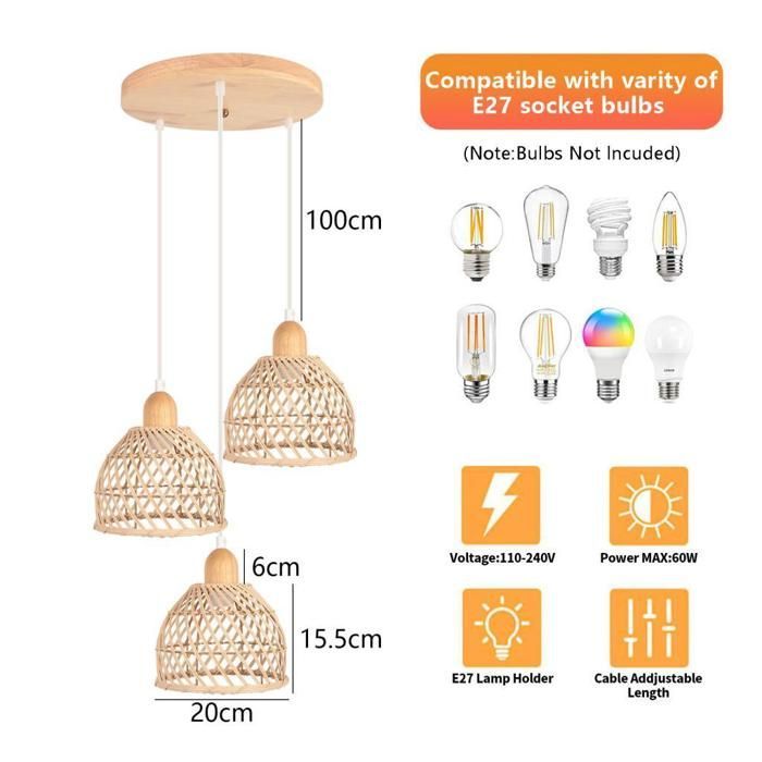 Hanglamp - IDEGU - Vintage industrieel - Hout en bamboe - E27 - 60W
