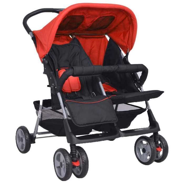 Double stroller - vidaXL - Steel - Red and black - Adjustable backrest - Lockable wheels