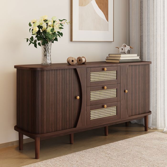 Buffet en Noyer 140 cm Commode en Rotin avec 3 Tiroirs de Rangement, 2 Portes et Étagères Réglables - pour Salon et Salle à Manger