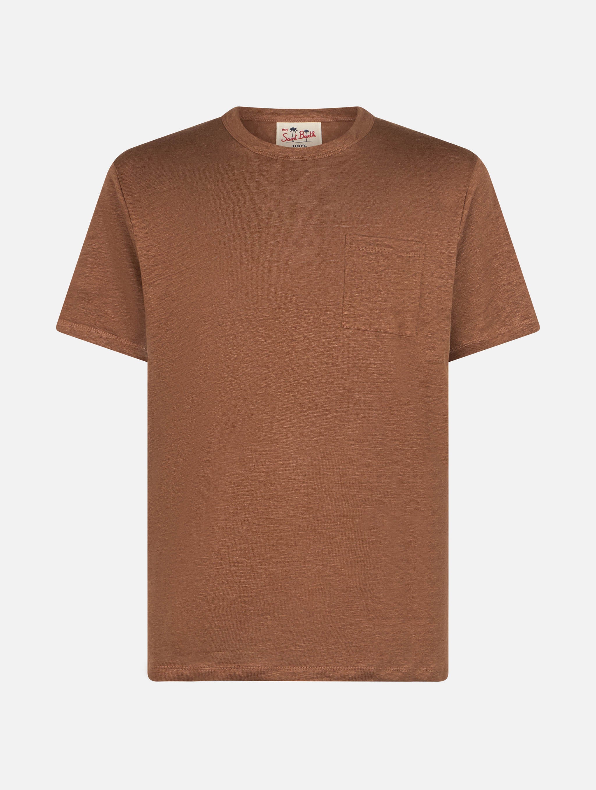 Ecstasea heren T-shirt van bruin linnen met zakje