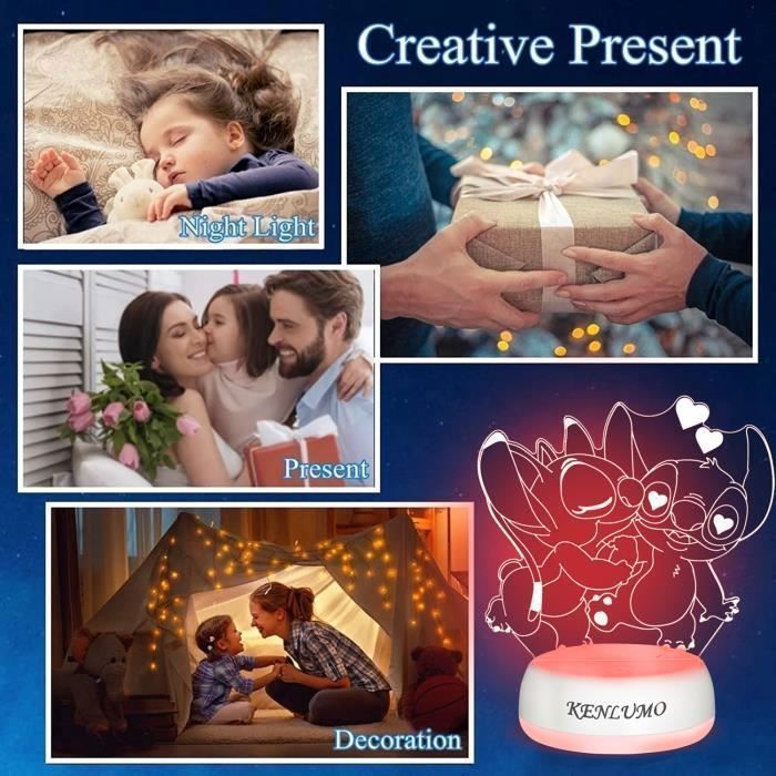 KENLUMO Veilleuse Stitch Lampe de nuit Noël Enfant Cadeau Stitch Angel Lampe de chevet télécommande Touchez pour changer de couleur