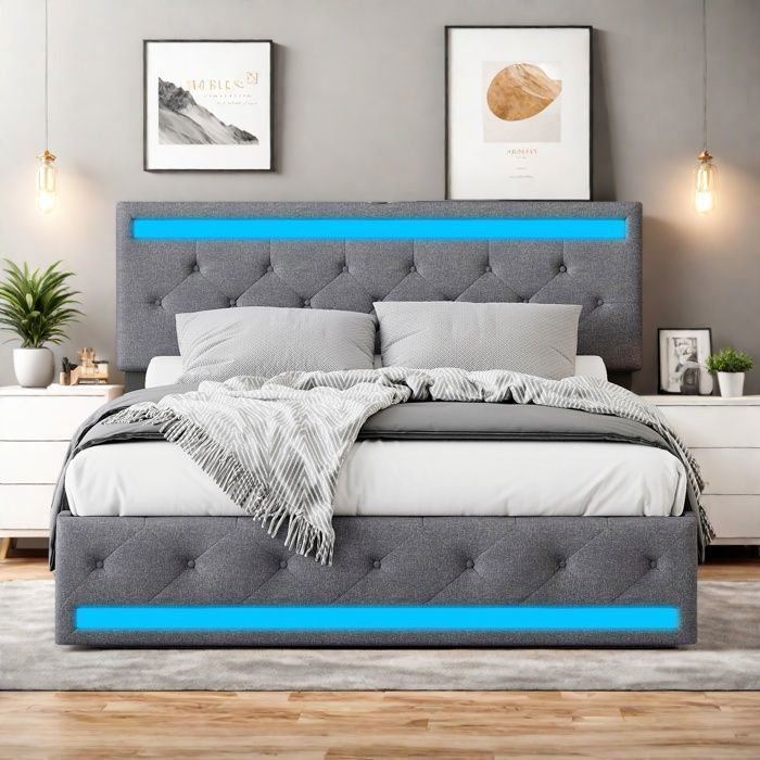 Lit double 140x190 cm - TANANT - 4 tiroirs - Tissu en lin - LED et USB intégrés