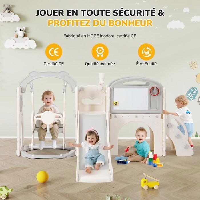 Toboggan et Balançoire Enfant, 9 en 1 Toboggan avec Balançoire,Télescope, Escaliers, Lancer d'anneaux, Panier de Basket, Beige gris