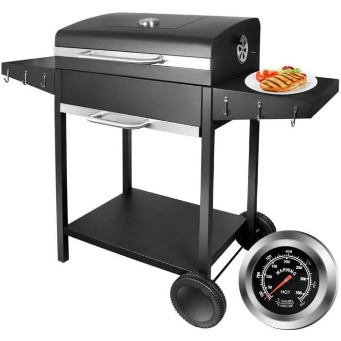Barbecue à Charbon - SunJas - BBQ de Bois de Jardin Mobile avec 2 Etagères et Thermomètre (117 * 55 * 102CM)