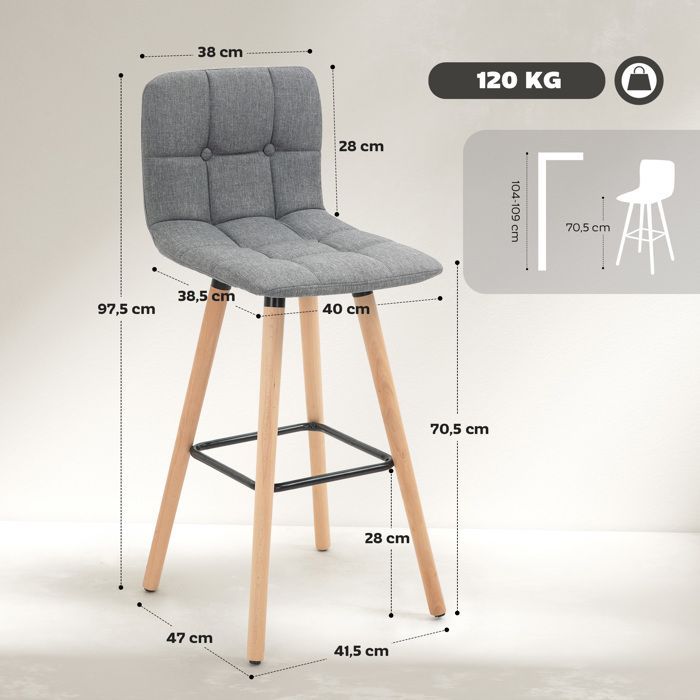 Juego de 2 taburetes de bar - HOMCOM - tapizados - respaldo y reposapiés - patas de madera - tela con aspecto de lino - 41,5 x 47 x 97,5 cm - gris