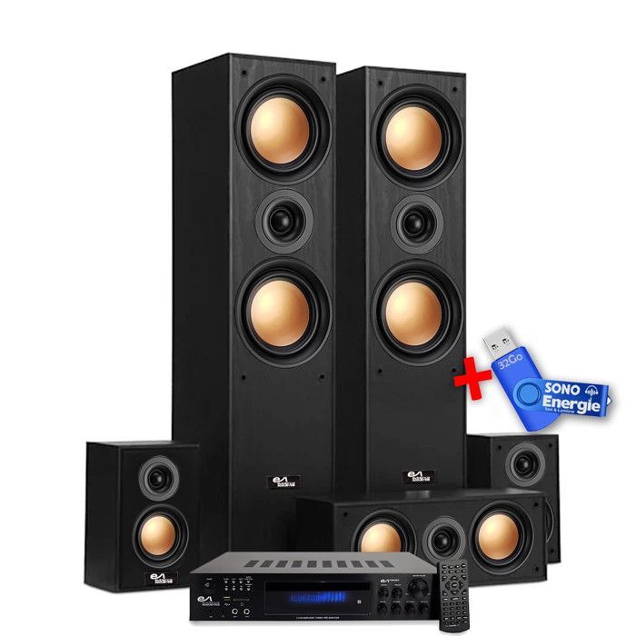 Evidence Acoustics EA950-PG kotiteatterijärjestelmä - 5 x 850 W kaiutinta - 5.1-vahvistin USB:llä, Bluetoothilla ja FM-radiolla - 4 x 75 W, 3 x 20 W + 32 Gt:n USB-muistitikku