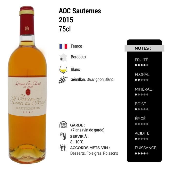 Sauternes Grand Cru Classé 1855 White 2015 – Kiste mit 3 x 75 cl Flaschen – Château Romer du Hayot – Süßer weißer Bordeaux AOC