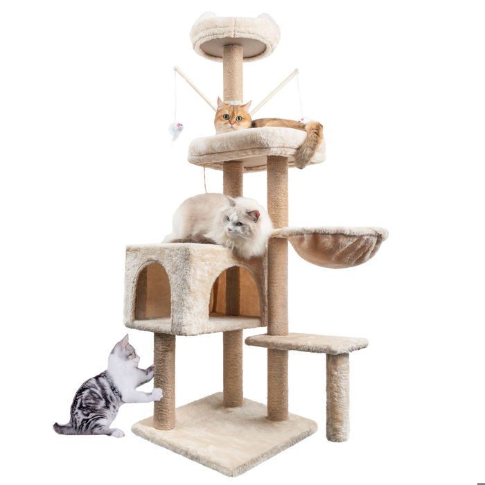 Krabpaal voor katten, 145 cm, stabiele klimtoren met meerdere niveaus, activiteitenboom met 7 sisalpalen en 5 platforms.