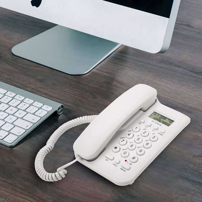 Telefone fixo com fio - FEBEST - Sistema duplo FSK/DTMF - 19,5 x 12,8 x 4,5 cm - Branco - Montagem em parede ou mesa