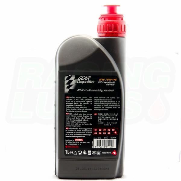 Lata de 1 litro de aceite Motul GEAR Competition 75W-140 para cajas de cambios y diferenciales de motocicletas y automóviles.