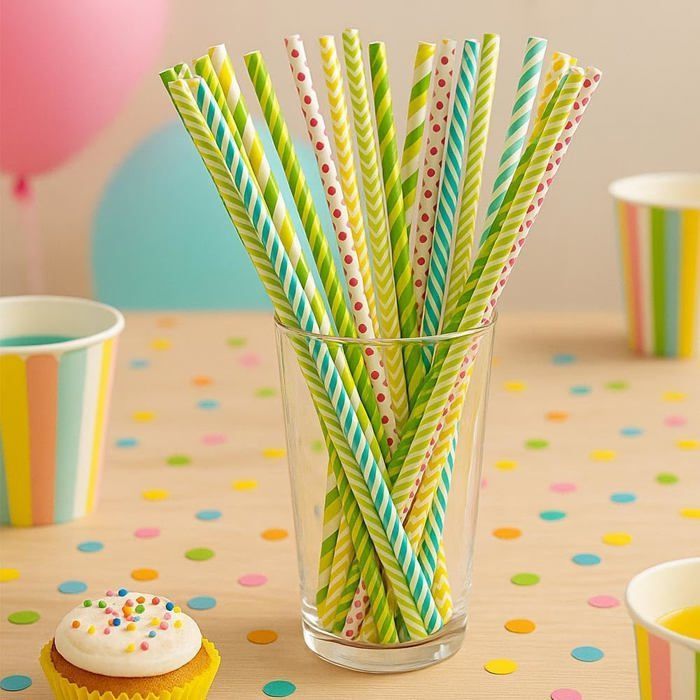Set of 50 multi-coloured striped paper straws for parties, birthdays, cocktails - Size 20 cm