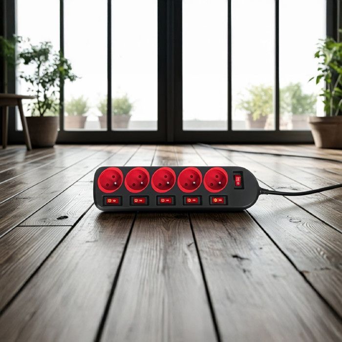 Regleta - Maclean Energy - 5 enchufes - Interruptor iluminado - 1,5 m - Negro/Rojo